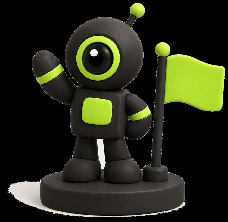 A robot waving next to a lime flag on a round base.