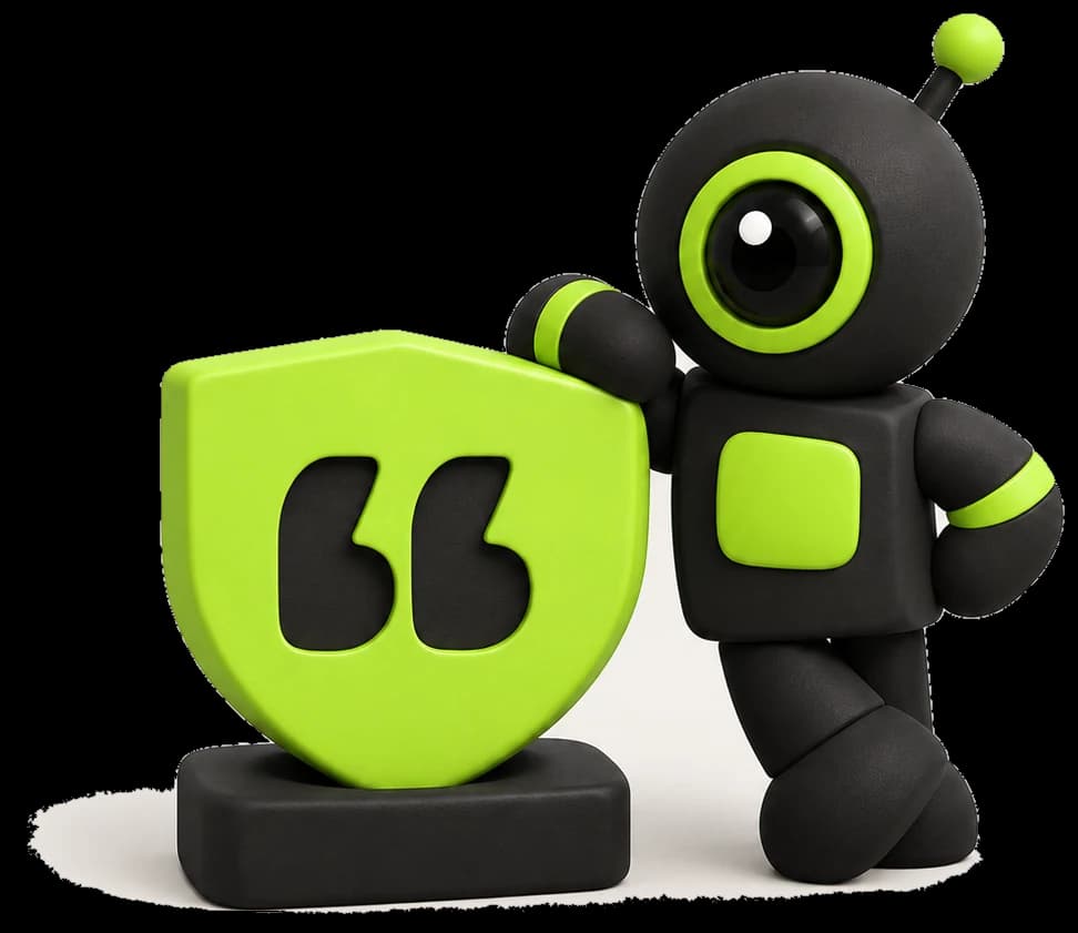 A robot leaning on a lime shield that holds a quotation mark.