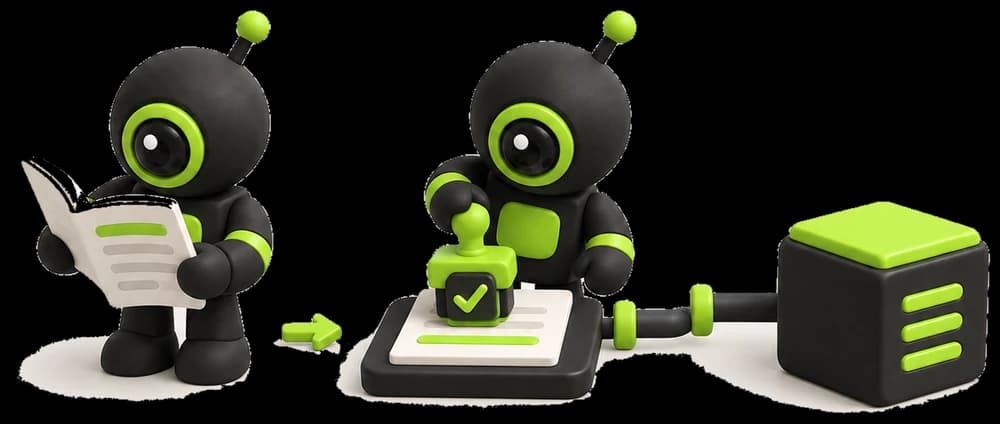 Two robots in a row. One reads a document, the other stamps a checkmark on it, and a pipe leads to a black and lime data cube.