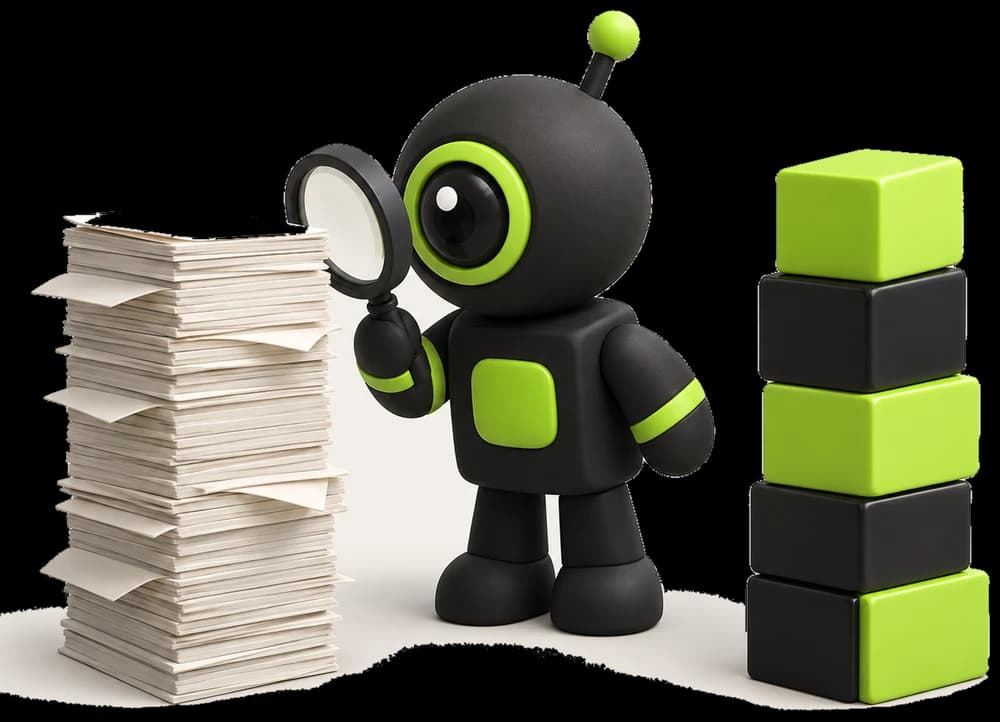 A robot with a magnifying glass between a stack of papers and a tower of black and lime blocks.